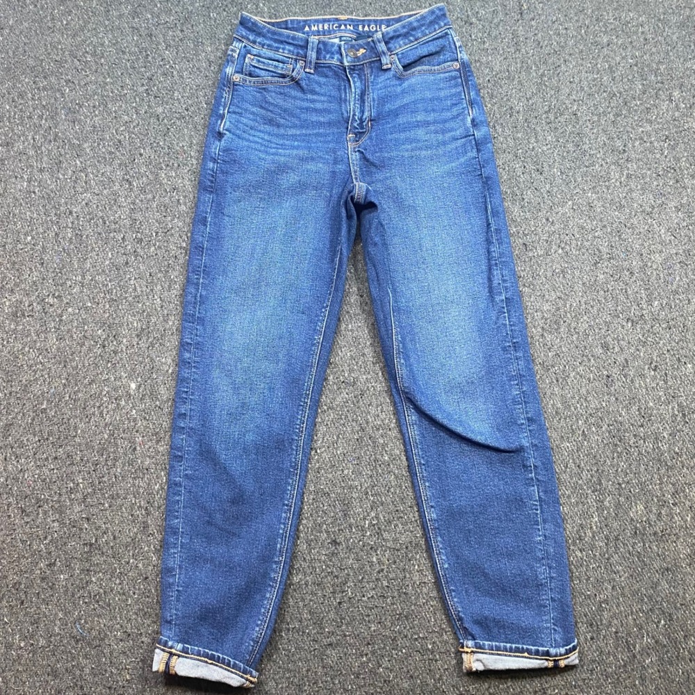 American Eagle Mom Jeans Sz 0 Womens Blue Skater High Rise Tapered Stretch